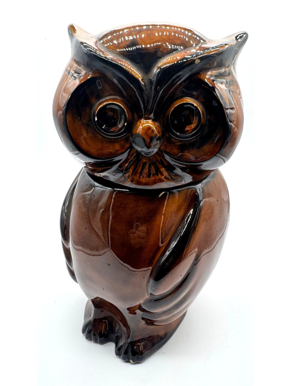 Vintage 1970s Holiday Designs USA Great Horned Owl Ceramic Cookie Jar Brown
